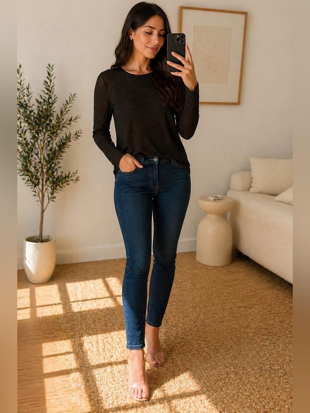 NWOT Zara Black Semi-Sheer Long Sleeve Blouse – Soft Stretch Minimal Top Size M